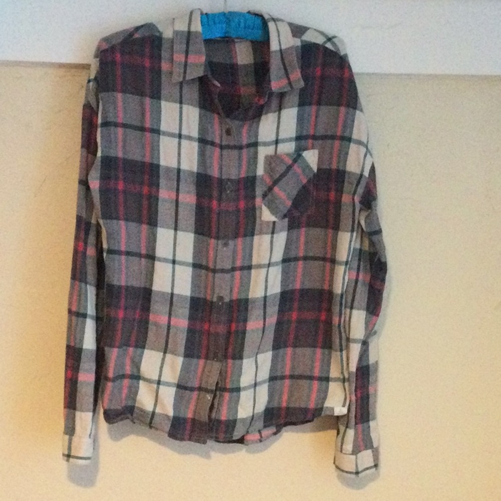 PrAna Gray and Pink Plaid Flannel 100% Organic Cotton Size M